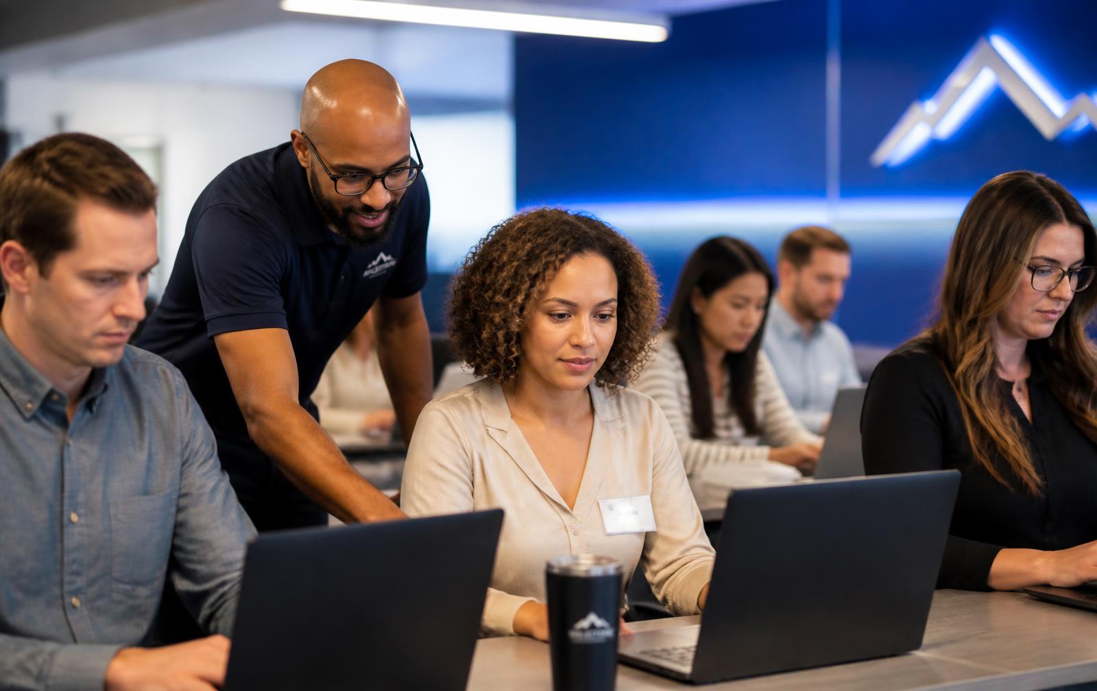 Professionals learning digital skills on laptops with an instructor